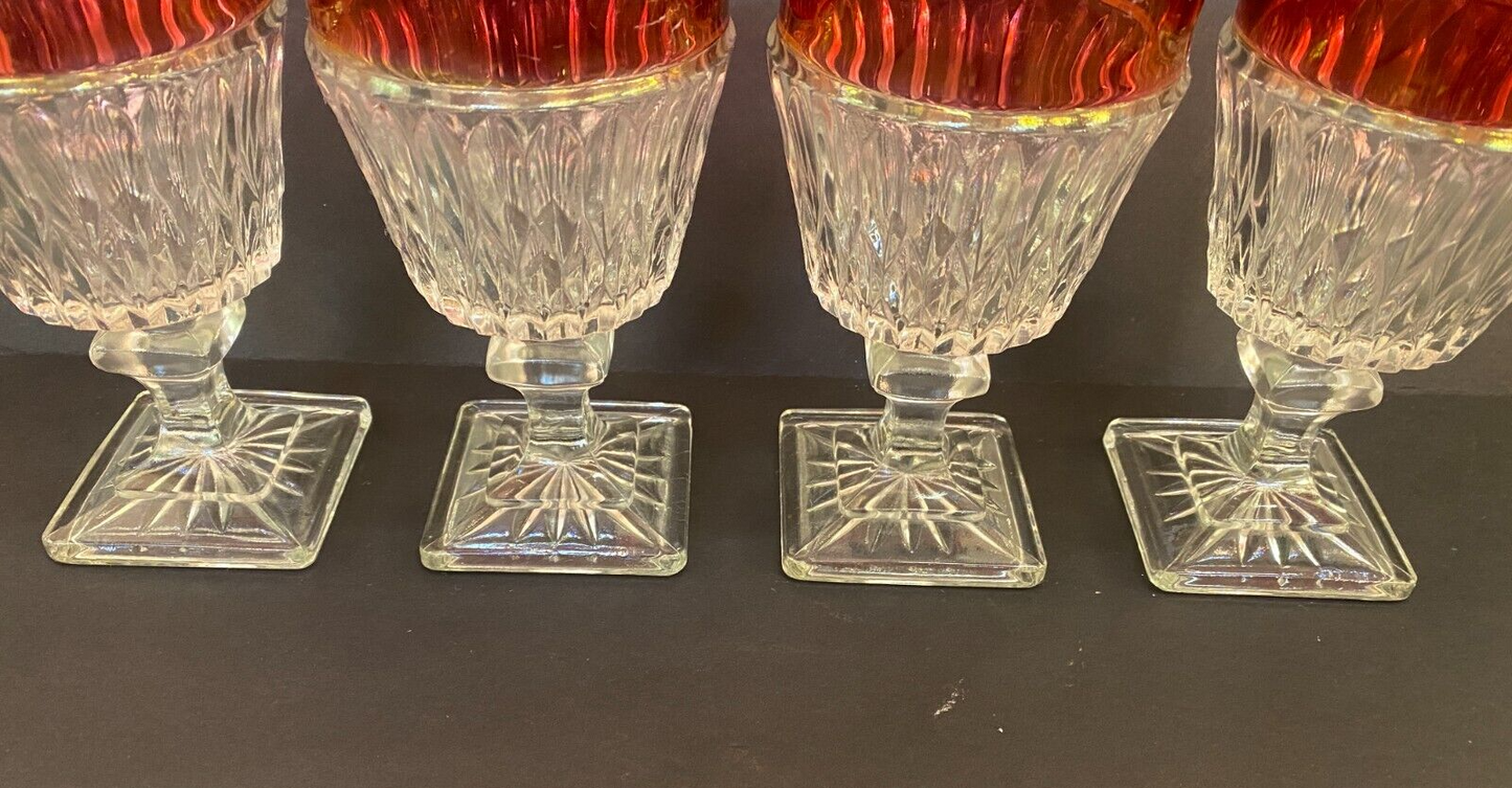 Vintage  Ruby Red Rimmed Set Of 4 Goblet Clear Cut Glass Square Base