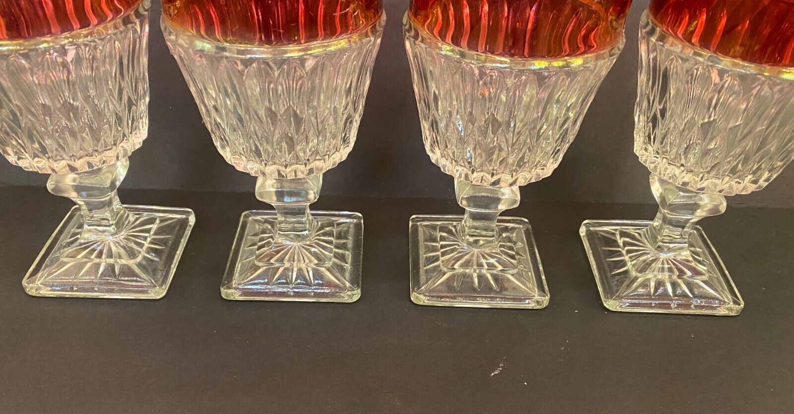 Vintage  Ruby Red Rimmed Set Of 4 Goblet Clear Cut Glass Square Base