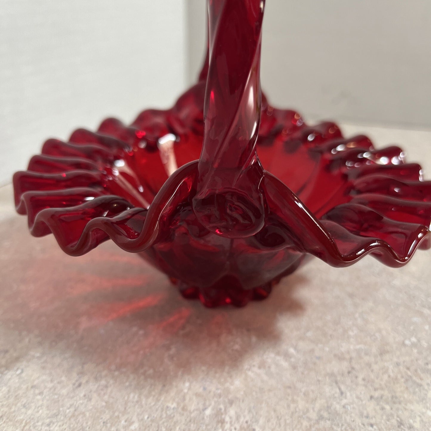 Vintage Fenton Ruby Red Smooth Glass Basket Ruffled Edges Twisted Handle