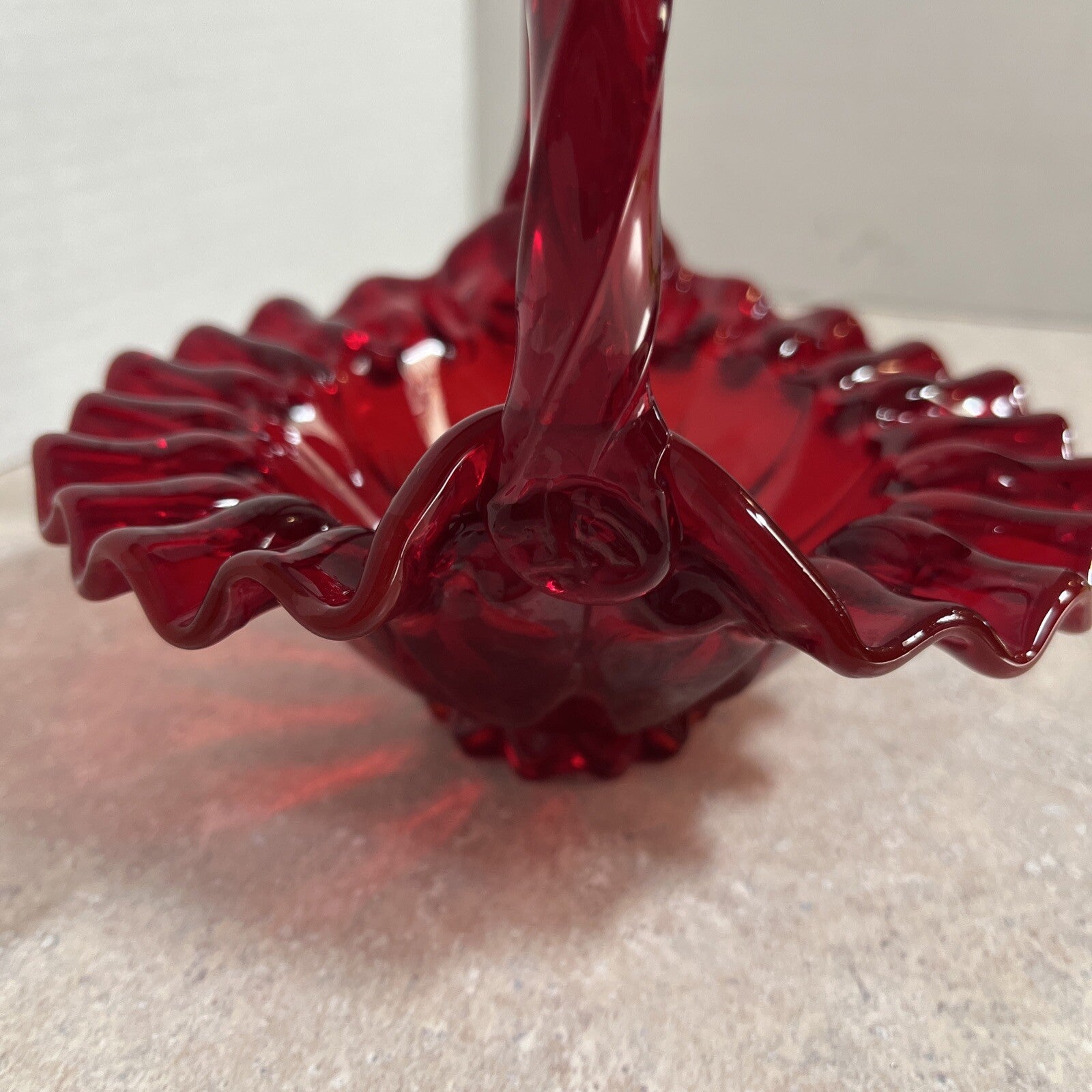 Vintage Fenton Ruby Red Smooth Glass Basket Ruffled Edges Twisted Handle