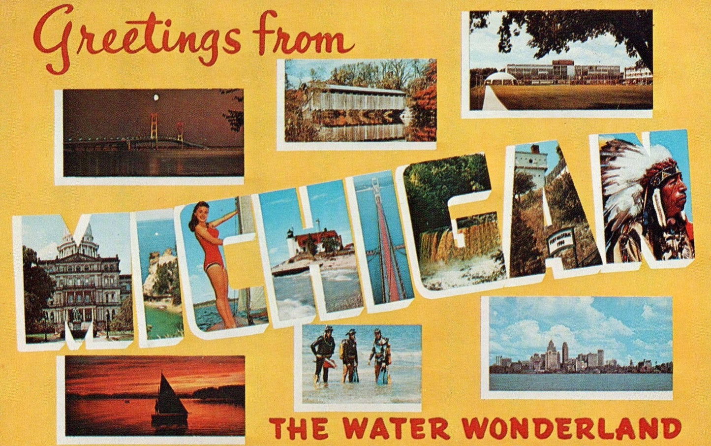 Large Letter Greetings From Michigan the Water Wonderland MI Postcard