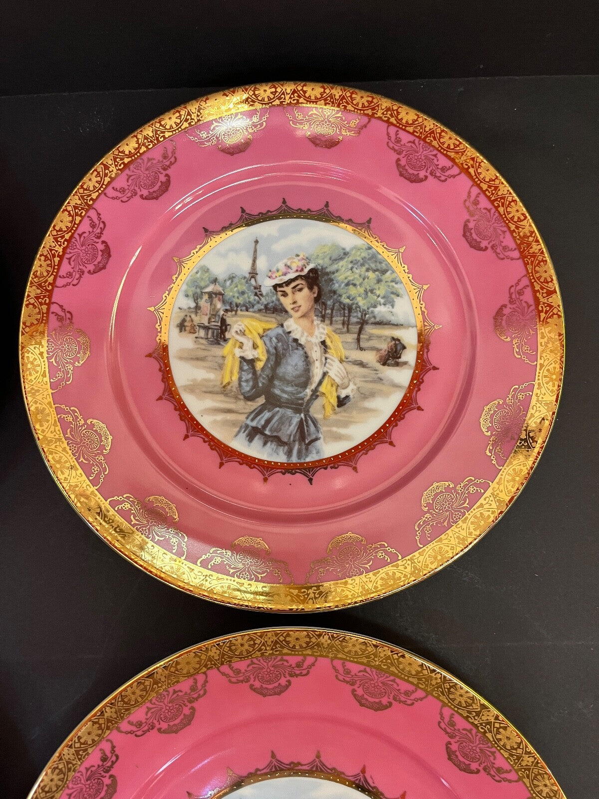 Vintage Set of 4 Bavaria Pretty Lady Portrait Pink Plate with Gold Trim