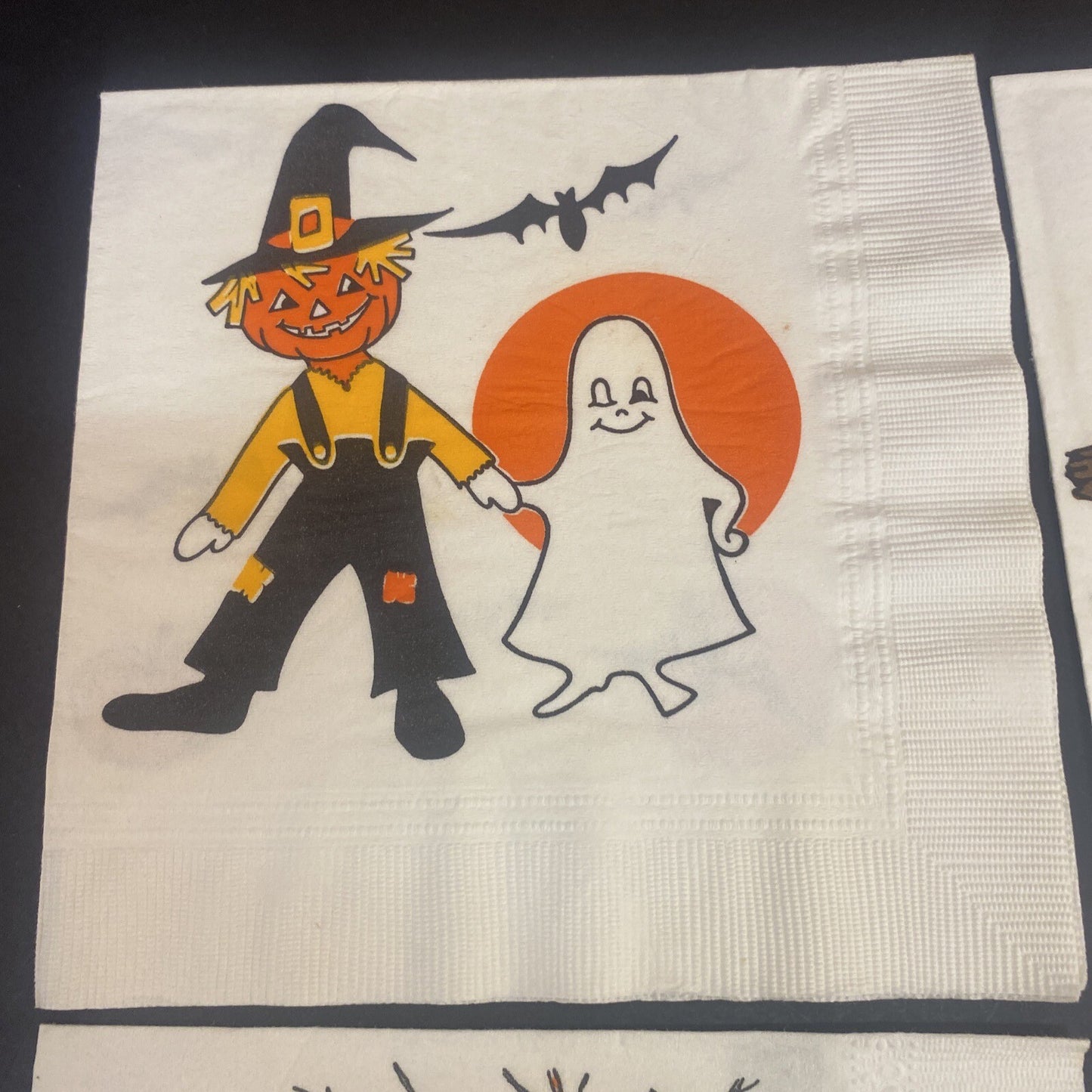 Vintage HALLOWEEN White PAPER NAPKIN Lot of 4 Pumpkins, Ghosts, Scarecrows, Bats