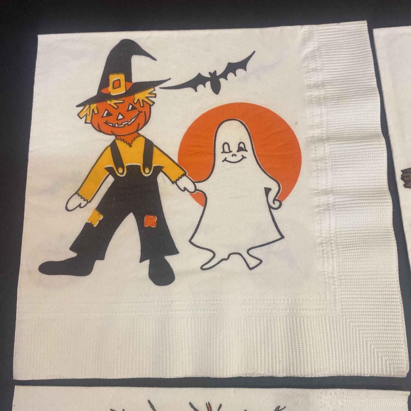 Vintage HALLOWEEN White PAPER NAPKIN Lot of 4 Pumpkins, Ghosts, Scarecrows, Bats