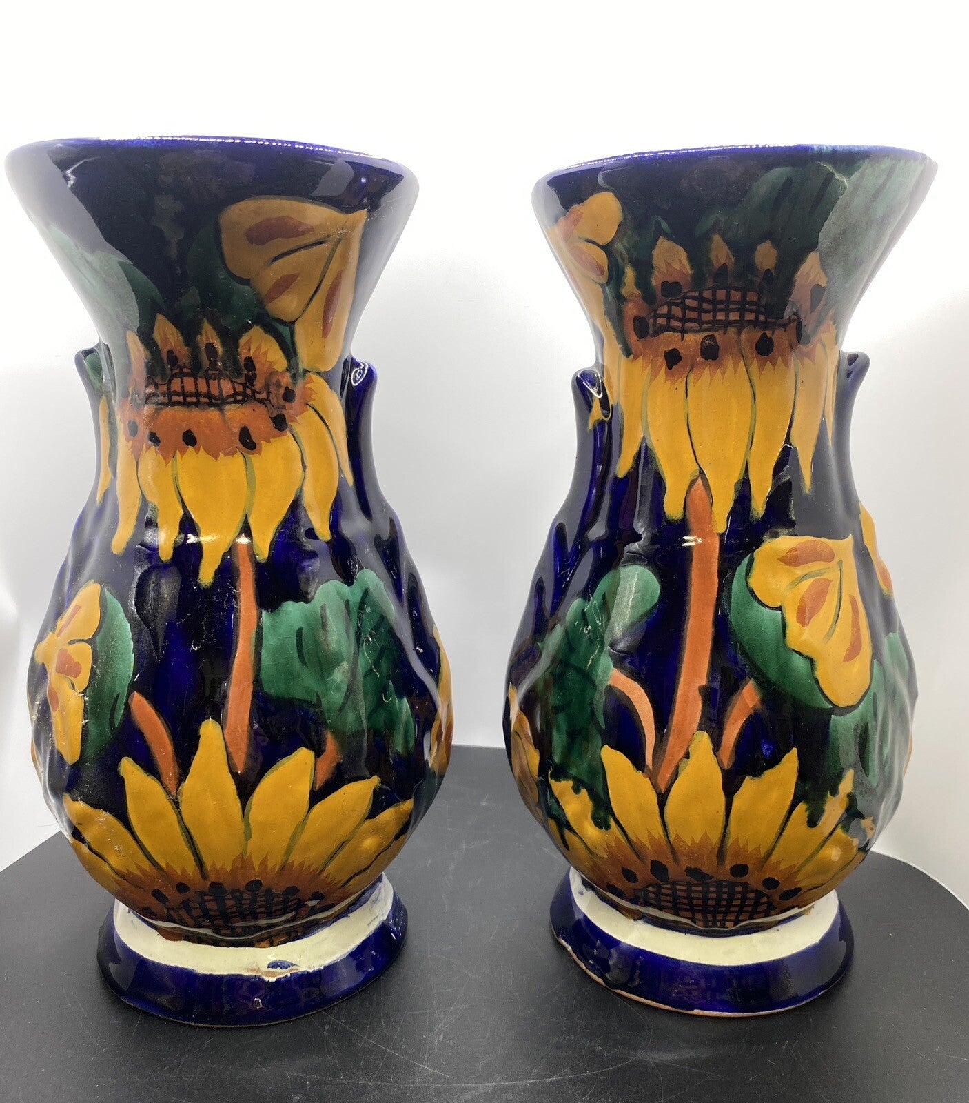 vintage Terracotta Pottery Pair of Vases Mexican Talavera 1980's Sunflower