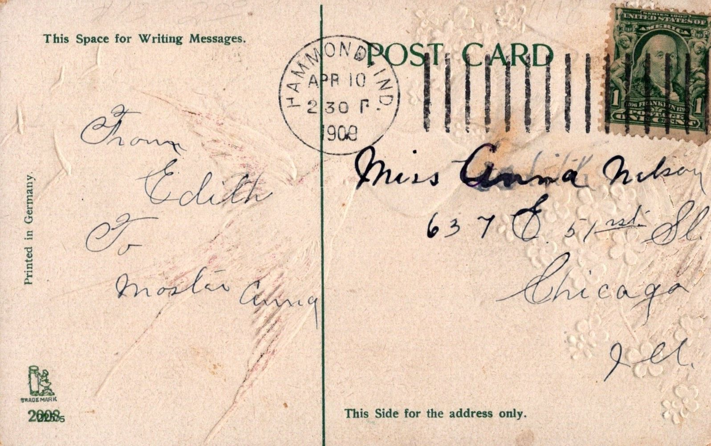 Easter Chick Hatching Bird Takes Shell Blue Flowers Embossed Postcard