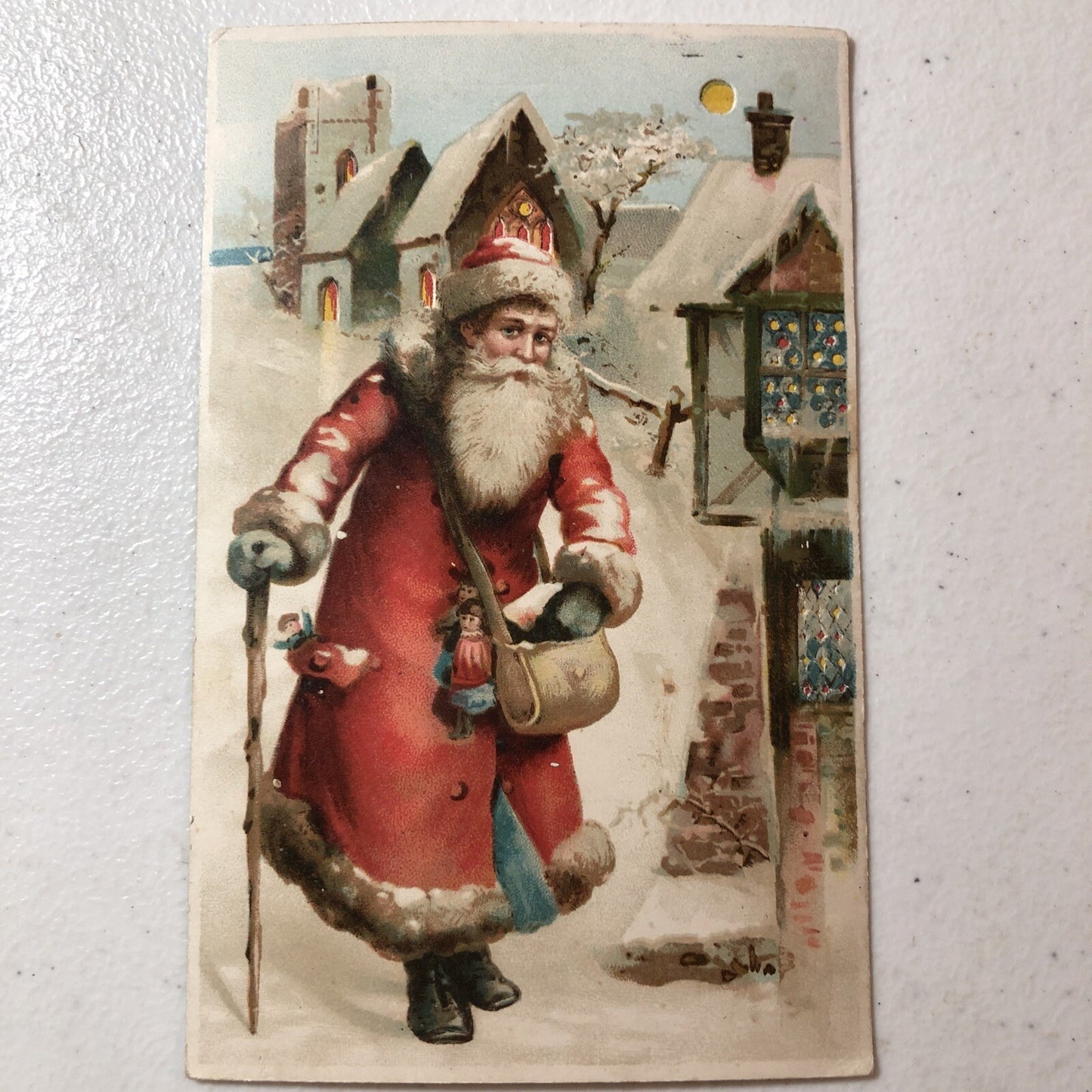 HTL Hold to the Light Santa Claus in Red Robe Holding Cane Christmas Postcard
