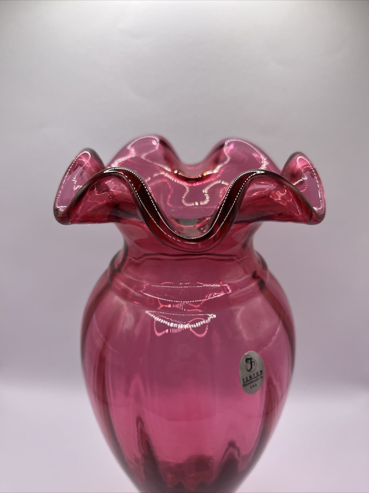 Fenton Art Glass Cranberry Vertical Line Vase Ruffled Edge 10.75”Pristine!