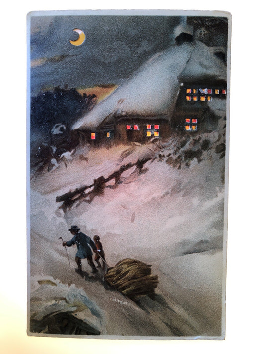 Hold to the Light Man and Child Pull Sled Toward House New Year Postcard