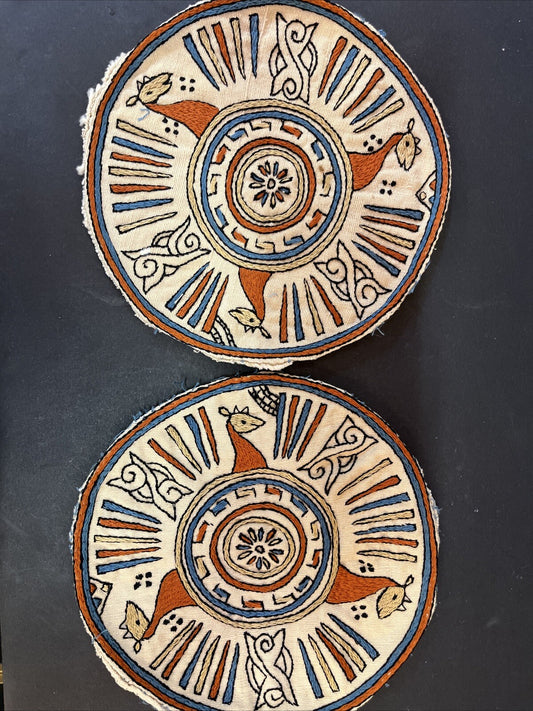 Small Vintage Needlepoint Throw Pillow Tops Blue, Rust & Tan Round MCM Vintage