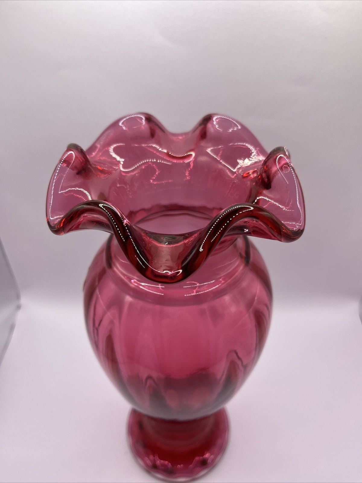 Fenton Art Glass Cranberry Vertical Line Vase Ruffled Edge 10.75”Pristine!