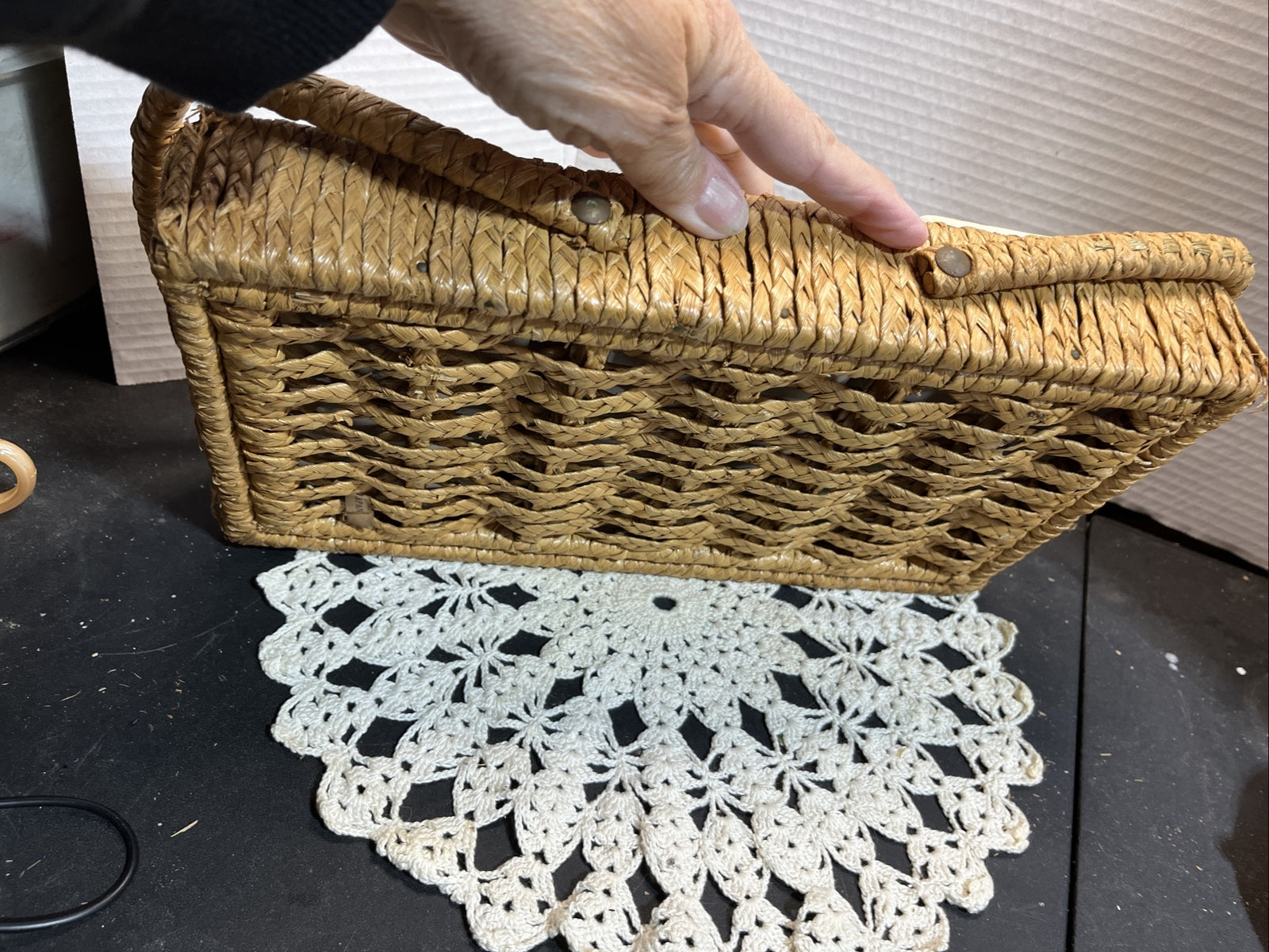 Vintage serving dish in basket three compartments wicker handpainted
