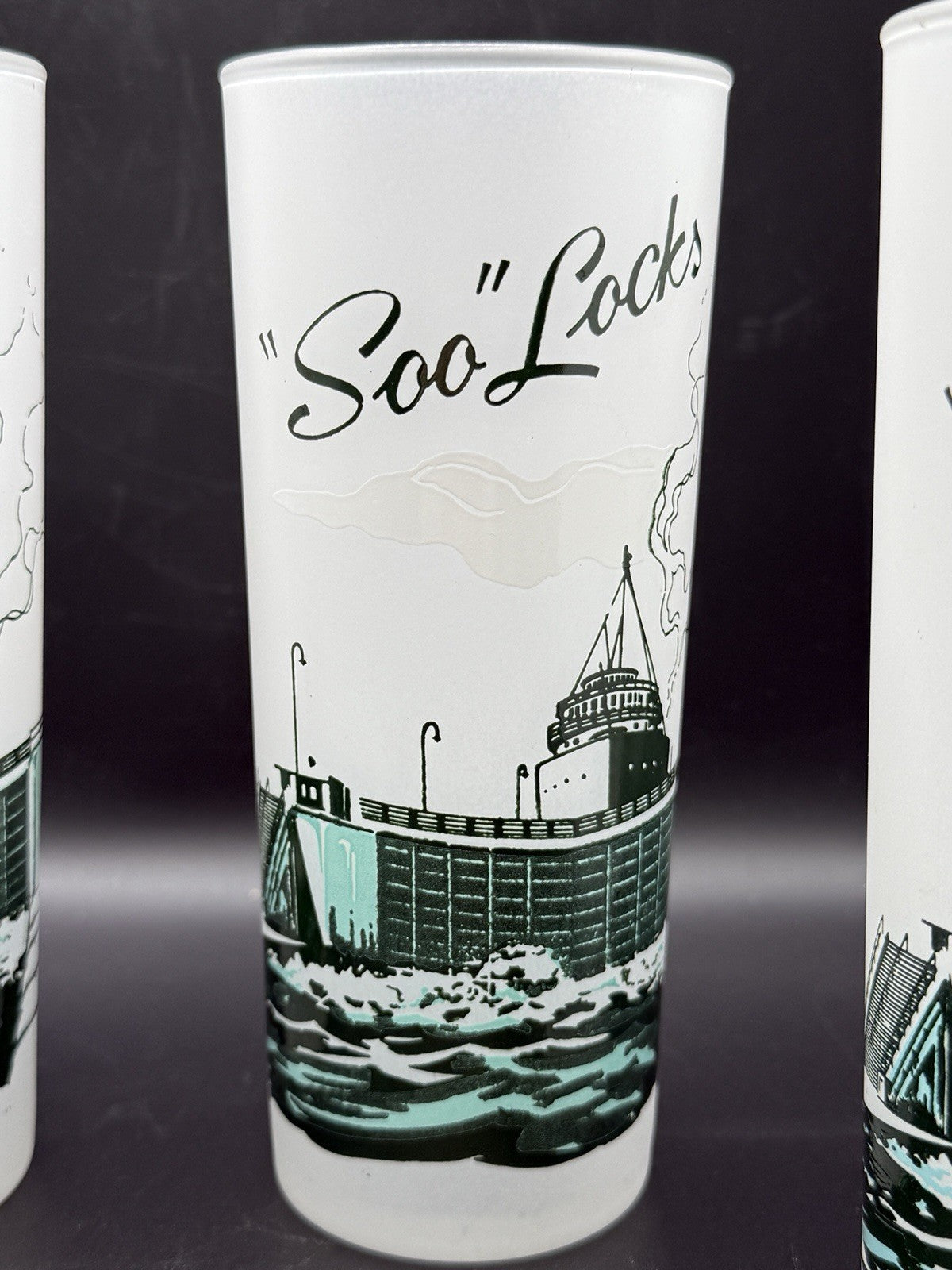 4 Vintage Soo Locks Michigan Souvenir Frosted Glasses Glass  Sault Ste Marie MI