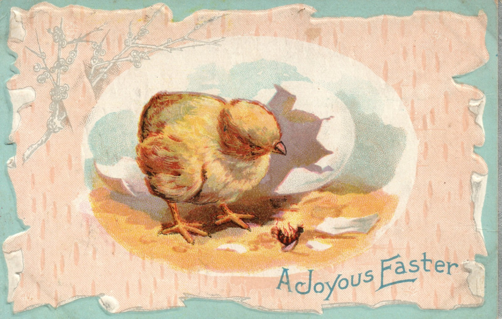 Chick Cracked Out Of Egg Looking At Bee Easter Greetings Postcard