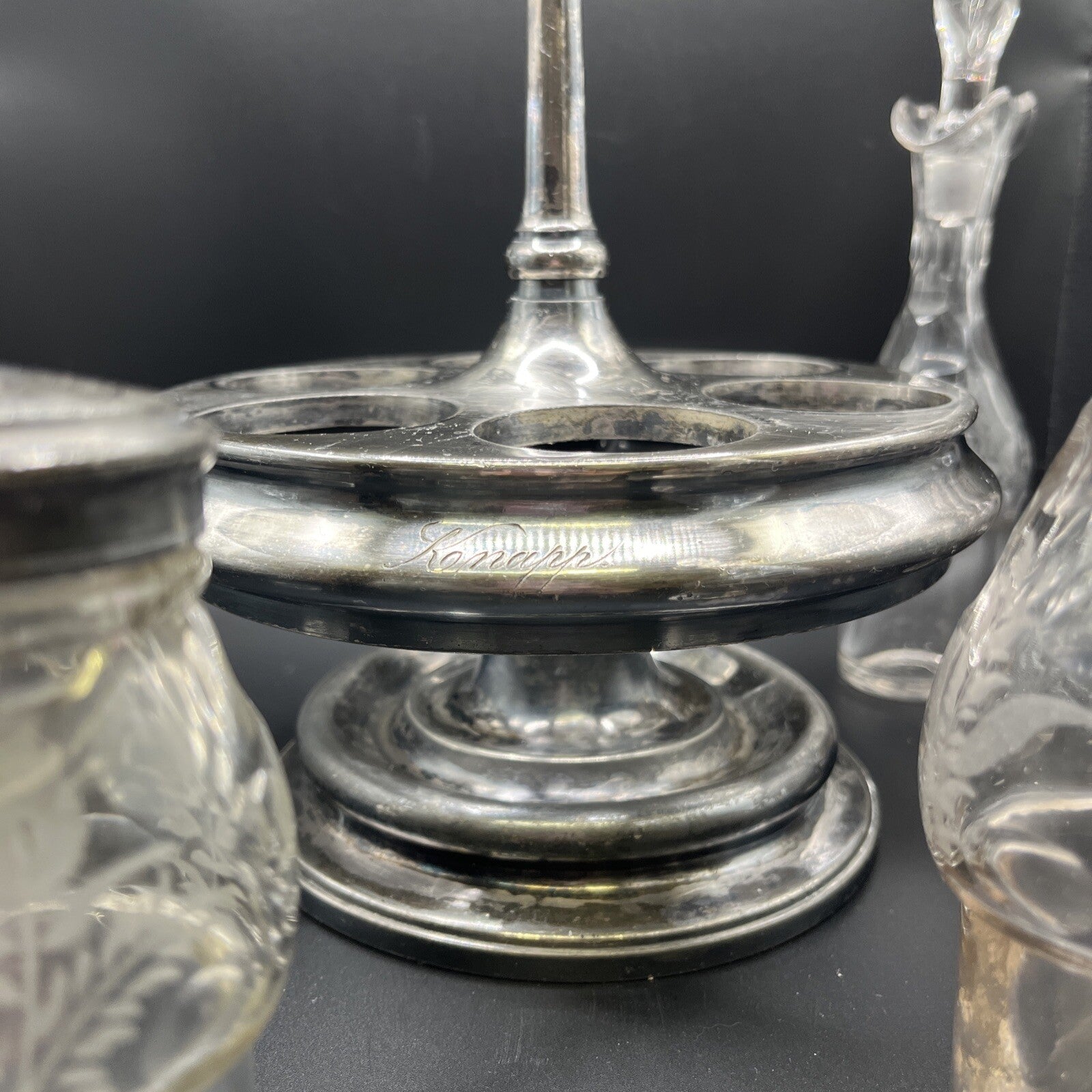 Vintage 6 Pc Condiment castor w/ Etched Glass 14.25"H.
