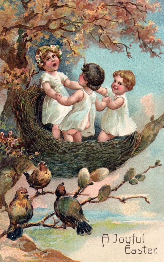 A Joyful Easter Children in Birds Nest Singing Vintage Easter Postcard