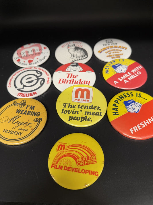 Lot of 10 Meijer Thrifty Acres Vintage Pin Pinbacks Grand Rapids Greenville MI