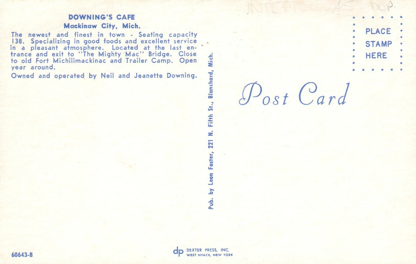 Downings Cafe Mackinaw Mackinac City Michigan MI Mich Postcard