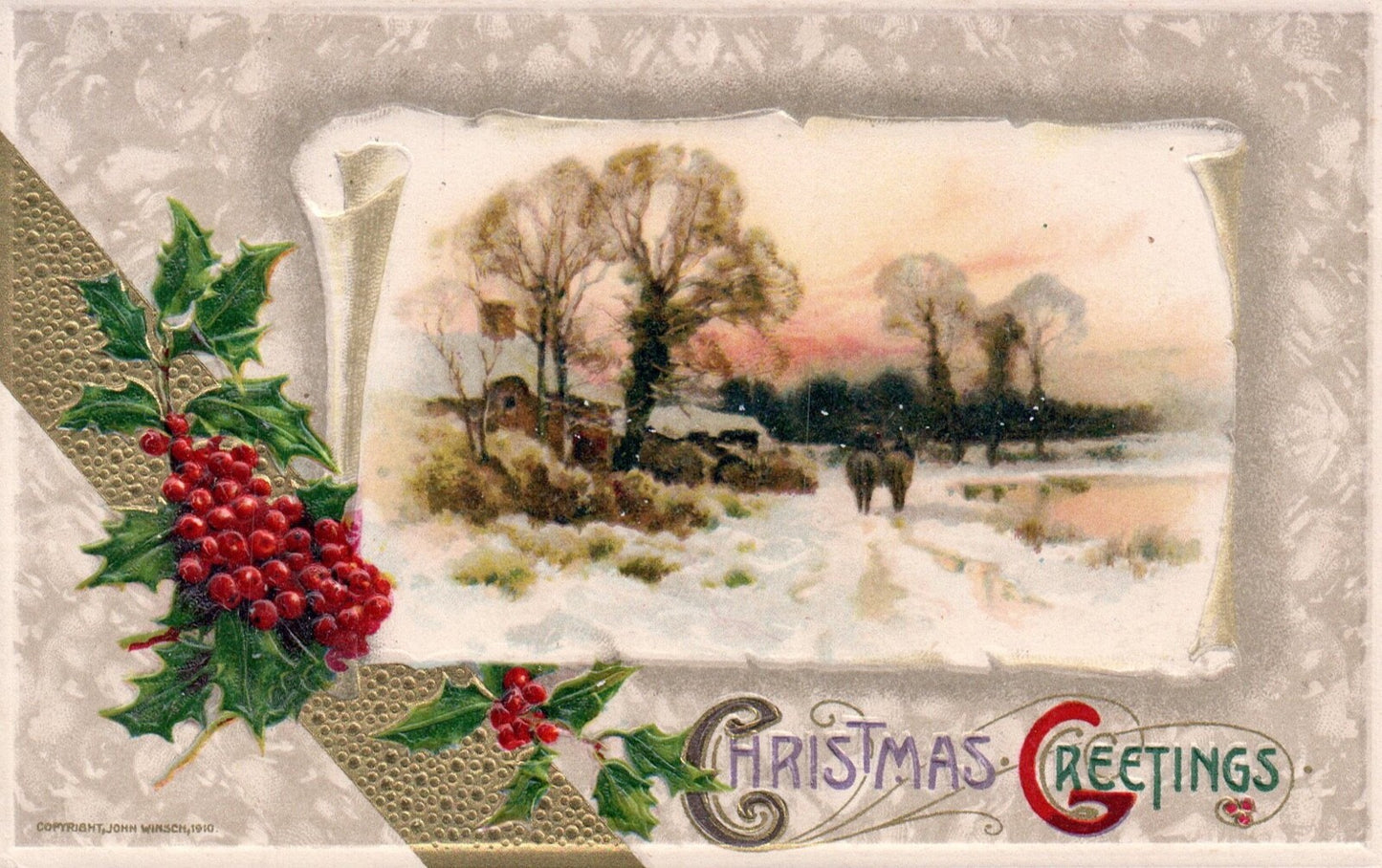 John Winsch Christmas Greetings Gold Embossed Snowy Horses Vintage Postcard