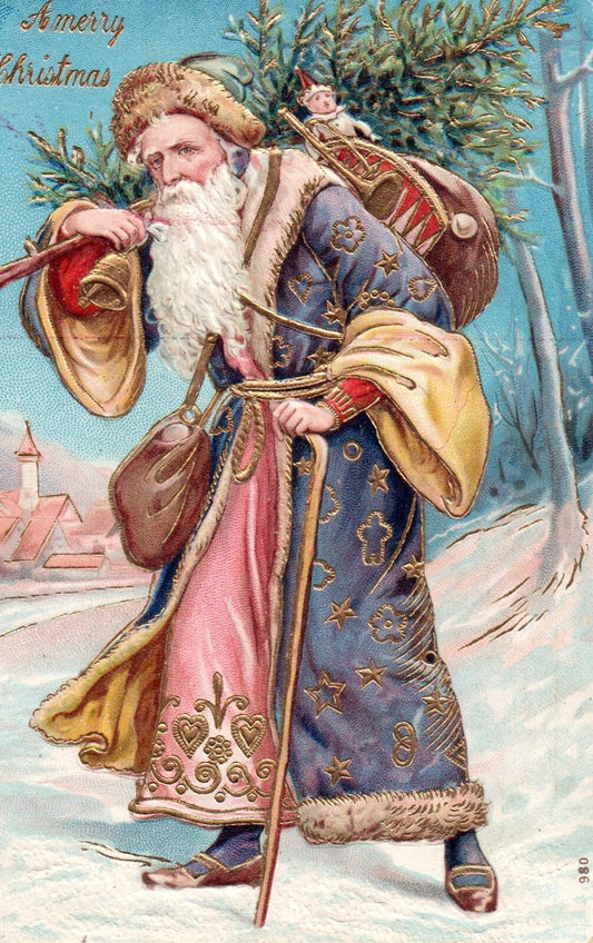A Merry Christmas Purple Santa w/ Toys on Back & Tree Gold Gilt Santa Postcard