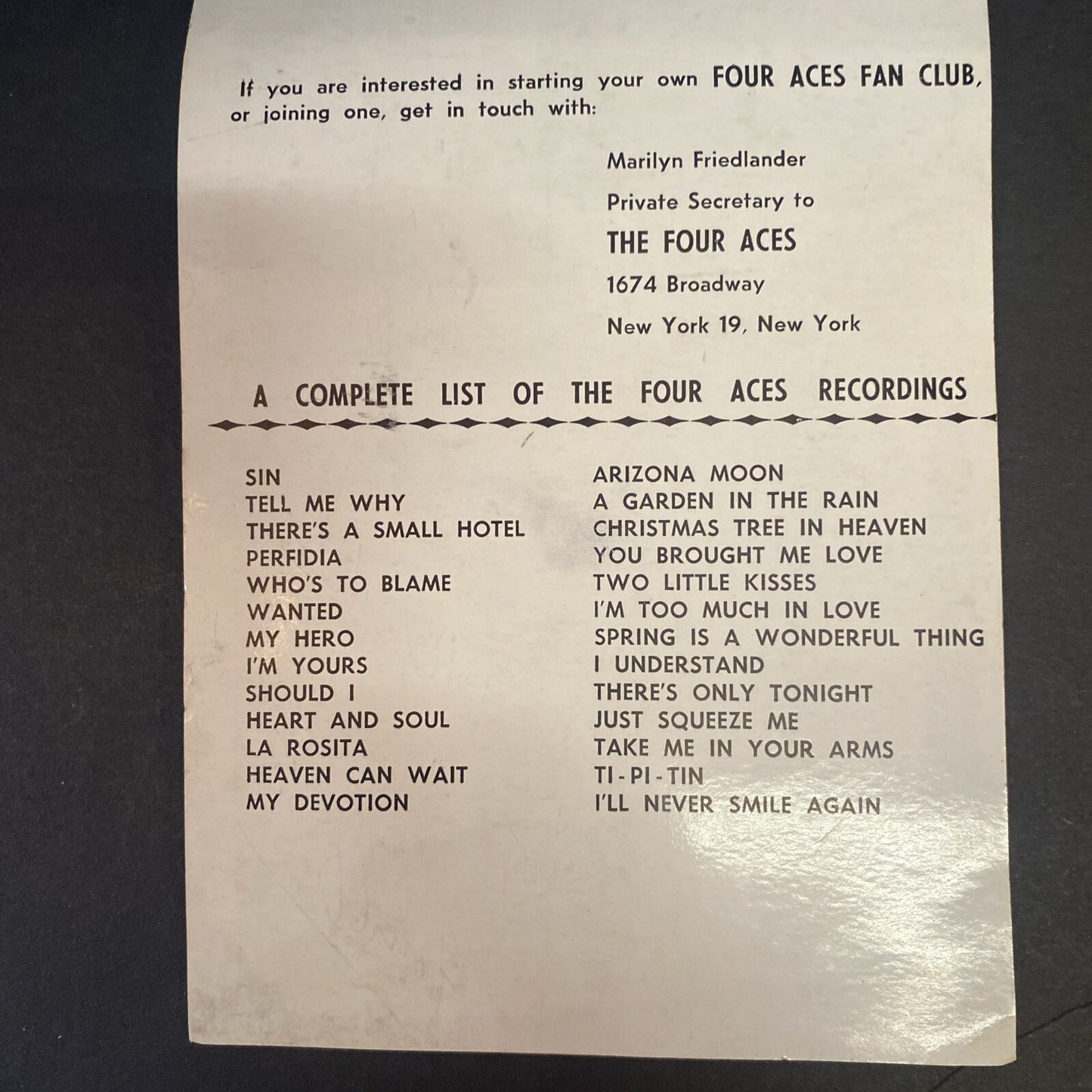 The Four Aces AUTOGRAPHED Signed INK  Promo Photo Decca Records 5 x 7