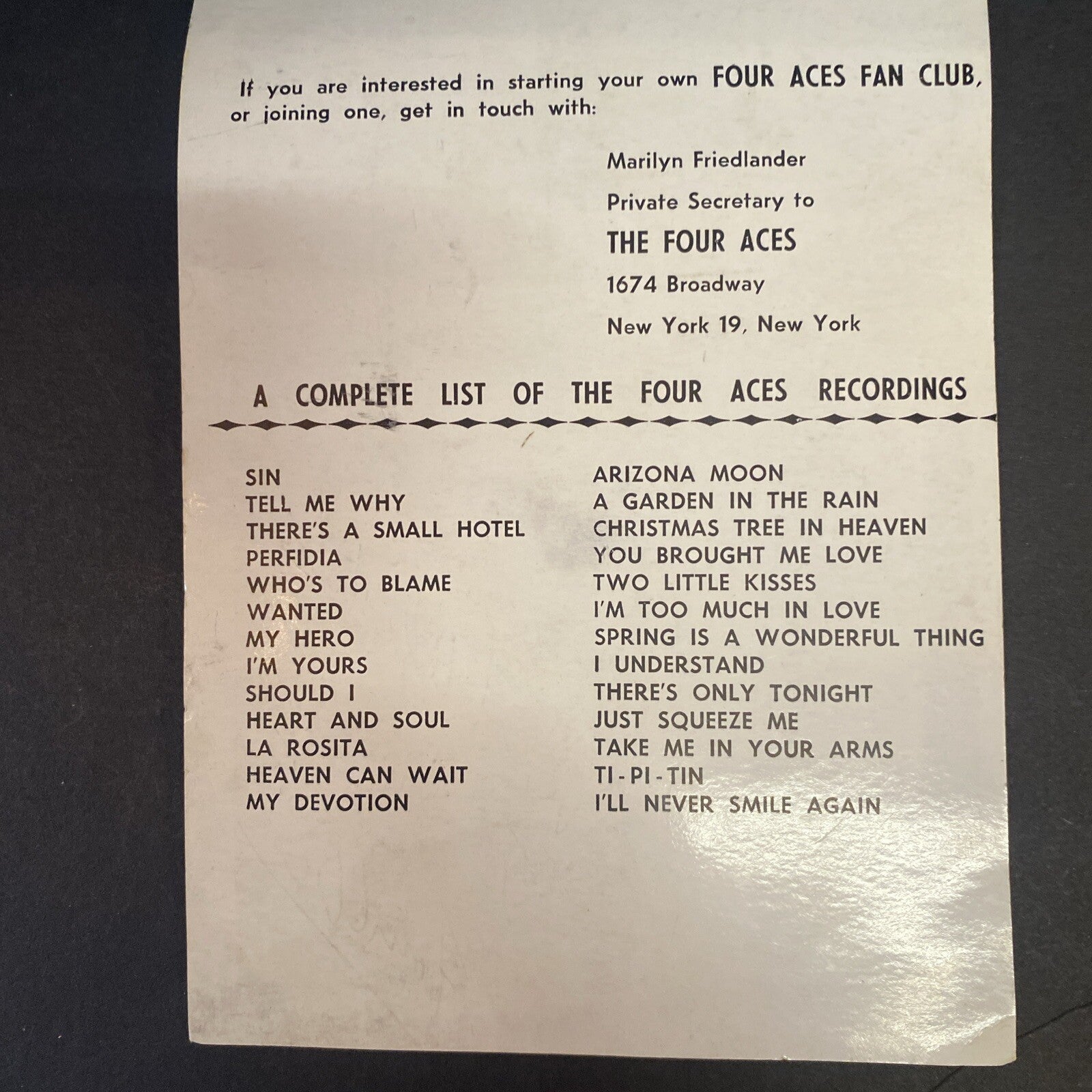 The Four Aces AUTOGRAPHED Signed INK  Promo Photo Decca Records 5 x 7