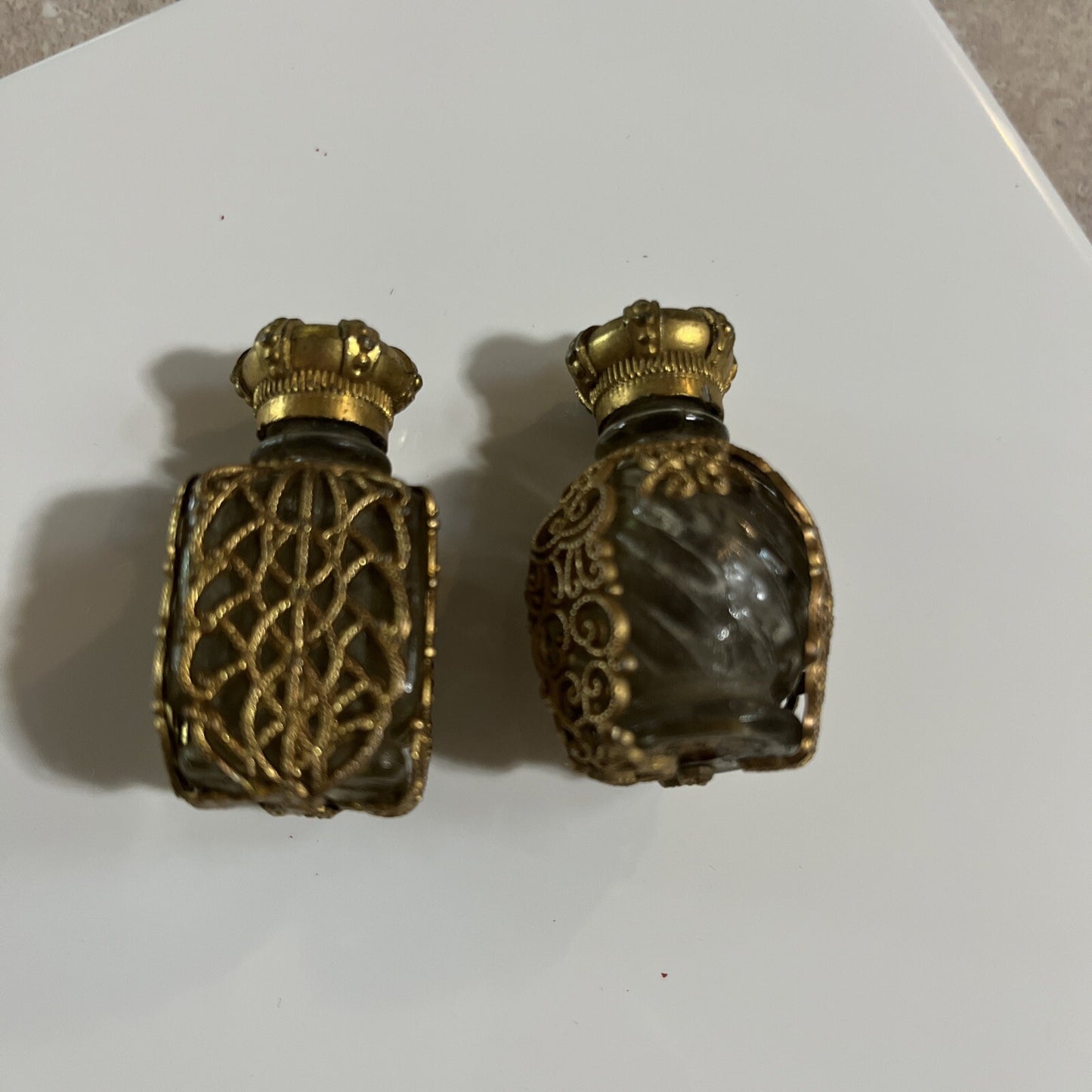 2-Old The Woman I Love Perfume Bottles, Ornate Gold Filigree Floral Crown