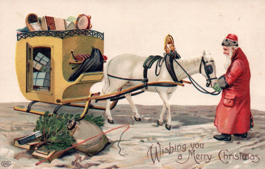 Wishing You a Merry Christmas Santa with Horse and Sleigh Vintage Santa Postcard