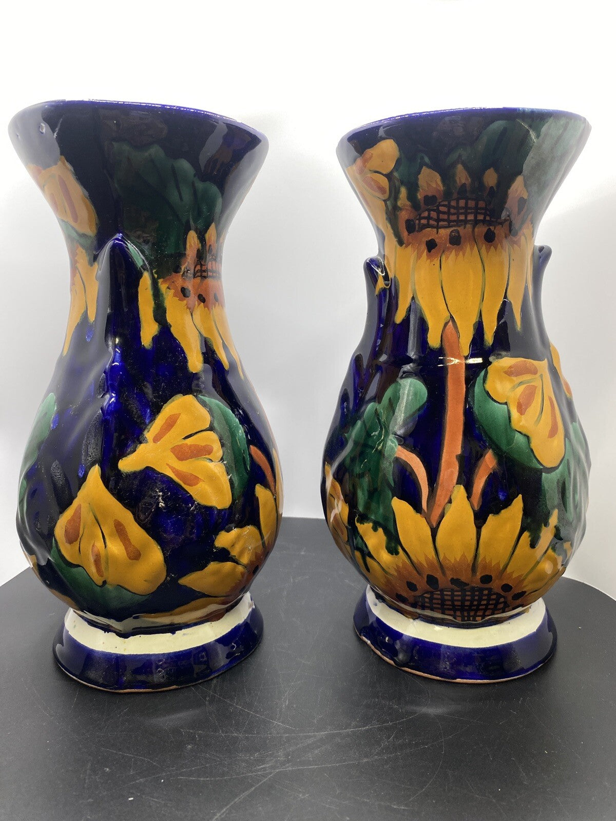 vintage Terracotta Pottery Pair of Vases Mexican Talavera 1980's Sunflower