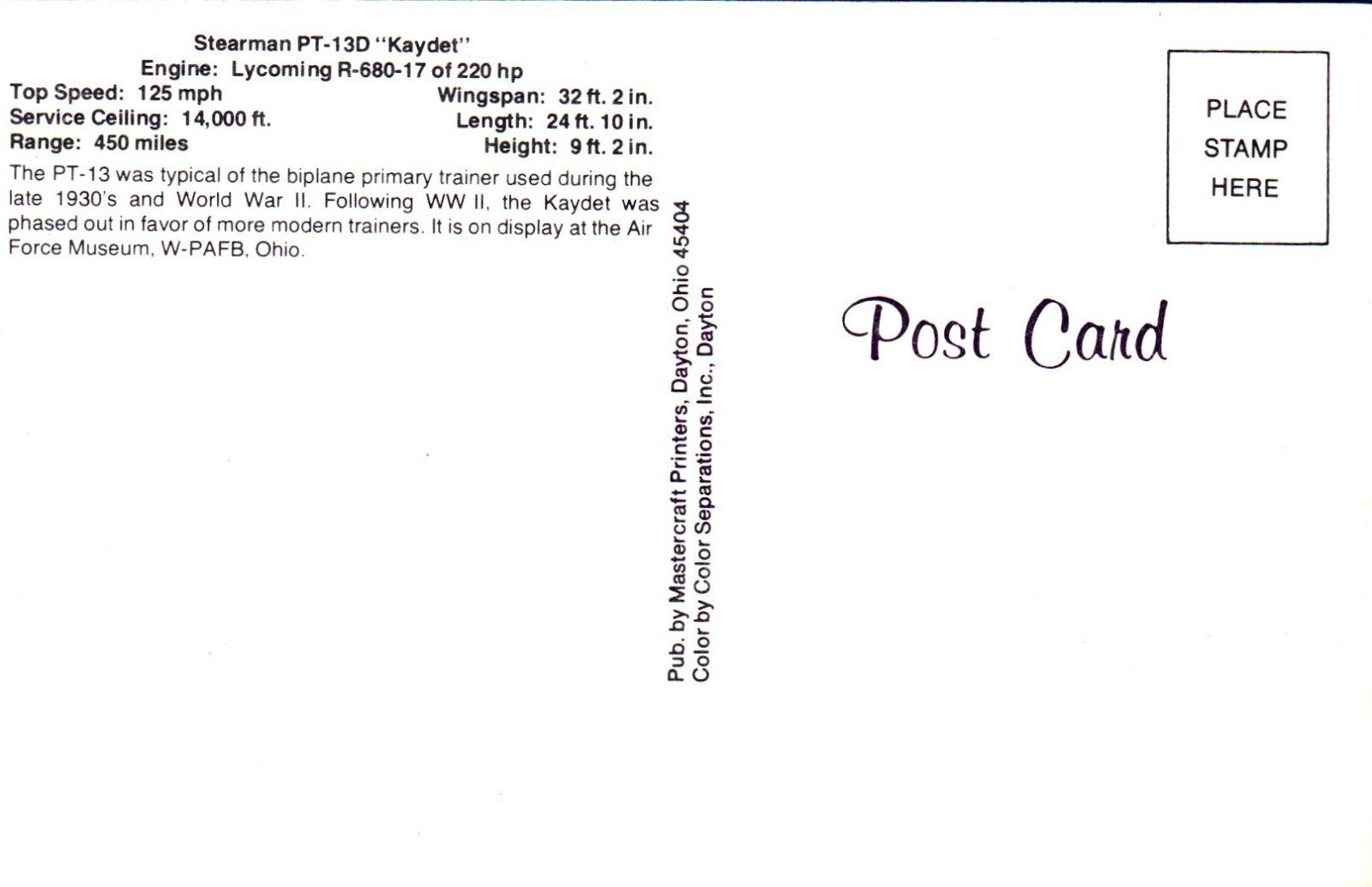 Stearman PT-13D "Kaydet" Airplane Postcard