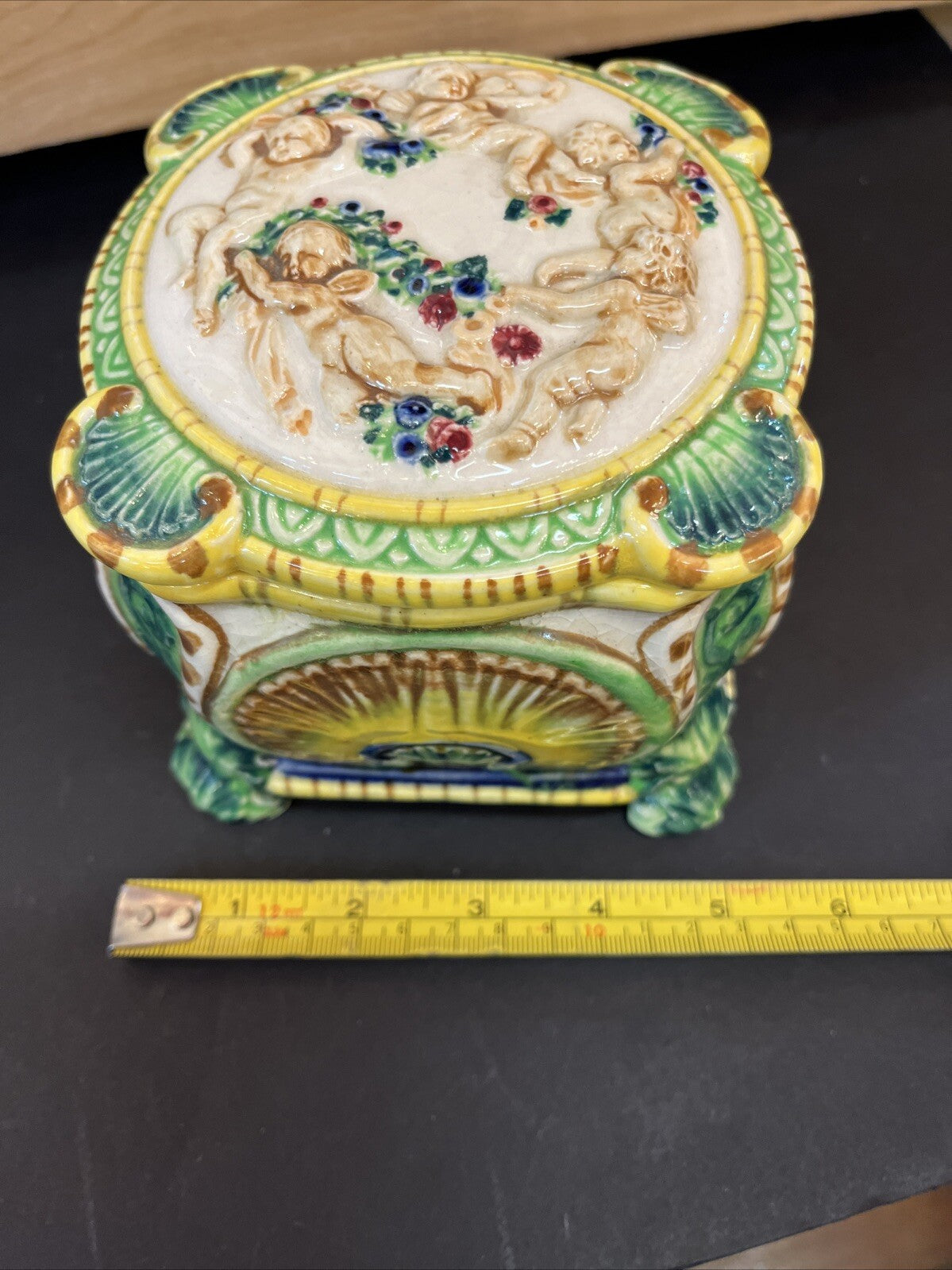Vintage 50s Japanese Trinket Box Majolica Maruhon Ware Bonboniere Lidded Jewelry