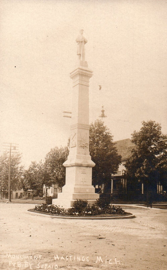 Real Photo of the Sailors and Soldiers Monument in Hastings Michigan MI Postcard
