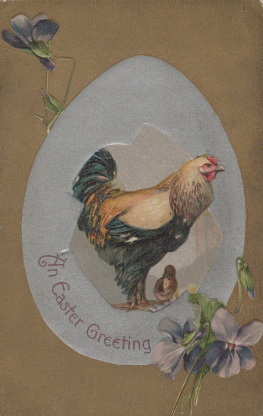 Easter Blue & Yellow Chicken Chick Purple Flowers Silver Egg Gold Gilt Postcard