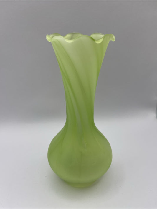 Vintage Green Frosted Swirl Fluted Trumpet Glass Bud Vase 6” Tall