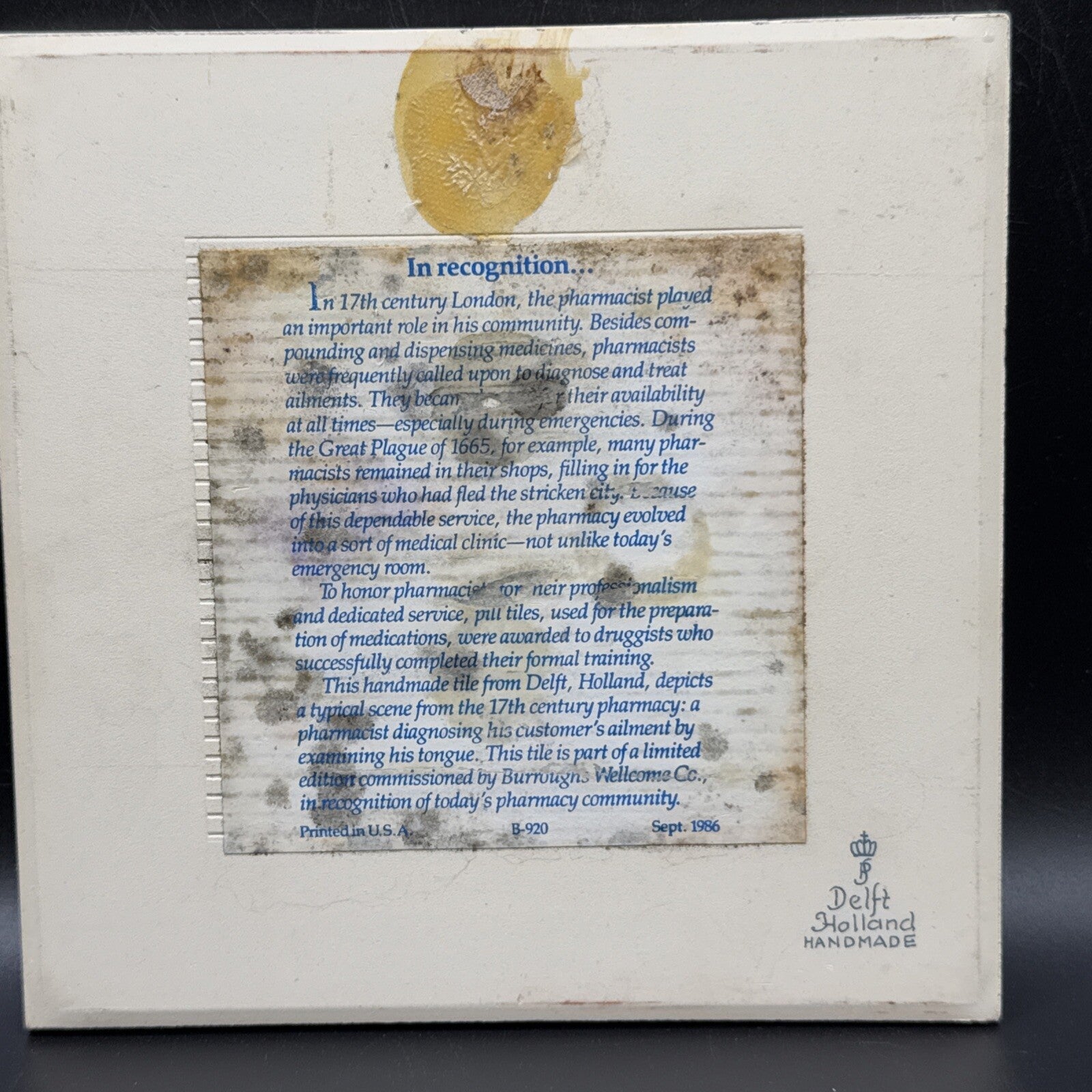 Delft Tile Schoonhaven Holland Vintage Tile Delft Blue White Pharmacy Drug. #5