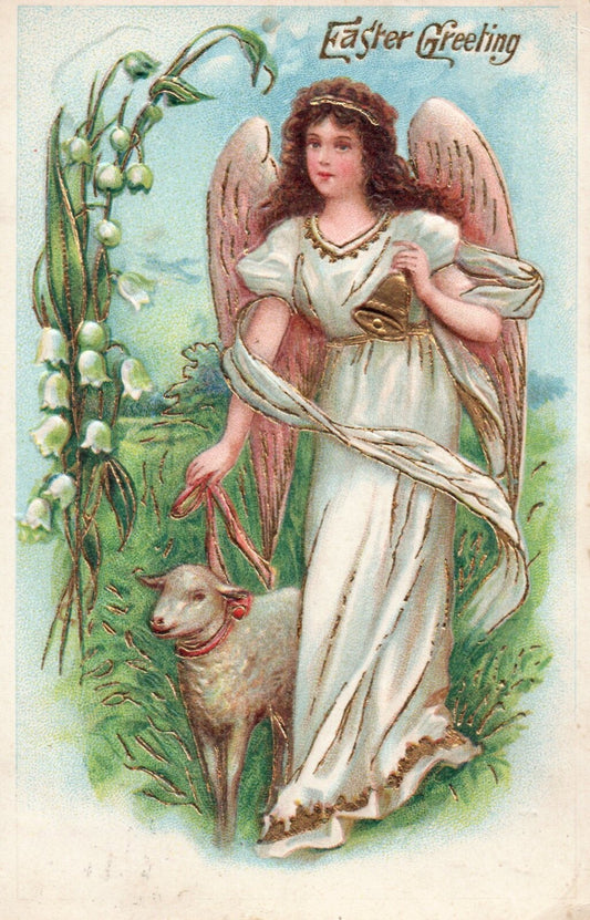 Easter Greeting Angel Walking with Lamb Gold Gilt Vintage Easter Postcard