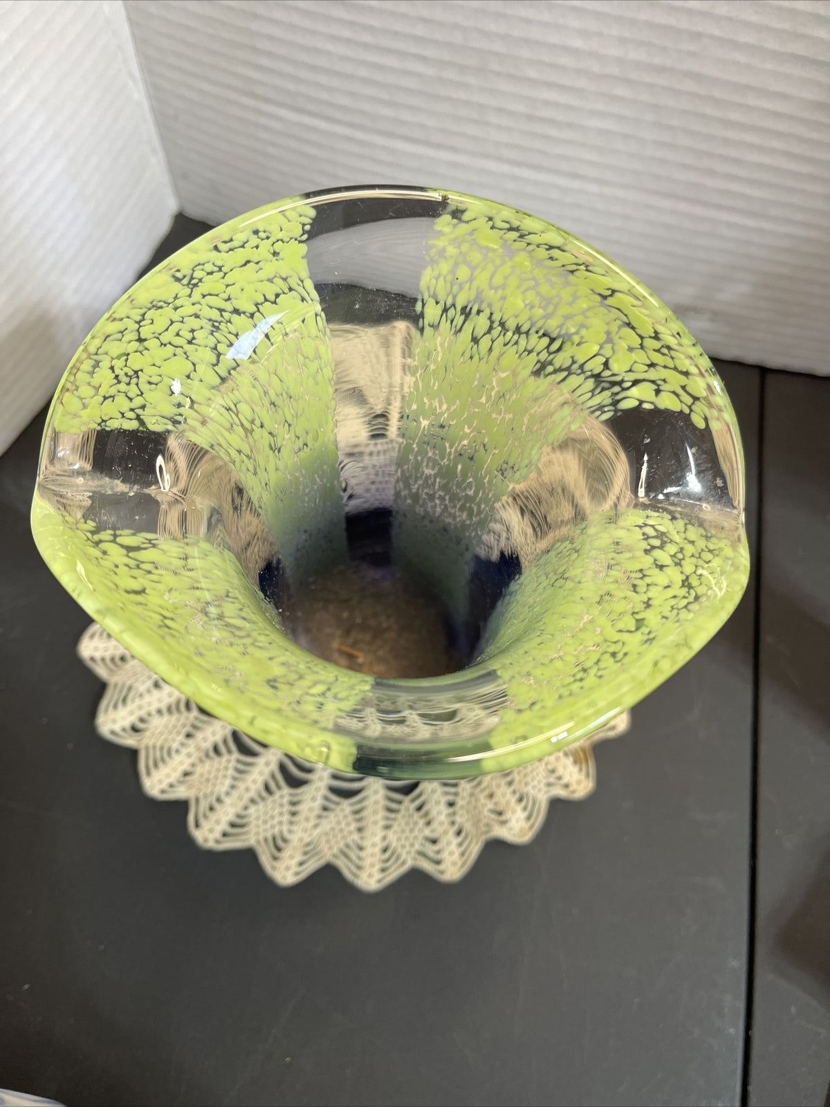 Vintage Teleflora Art Glass Vase Speckled Green Cobalt Blue Hand Blown 8”Tall