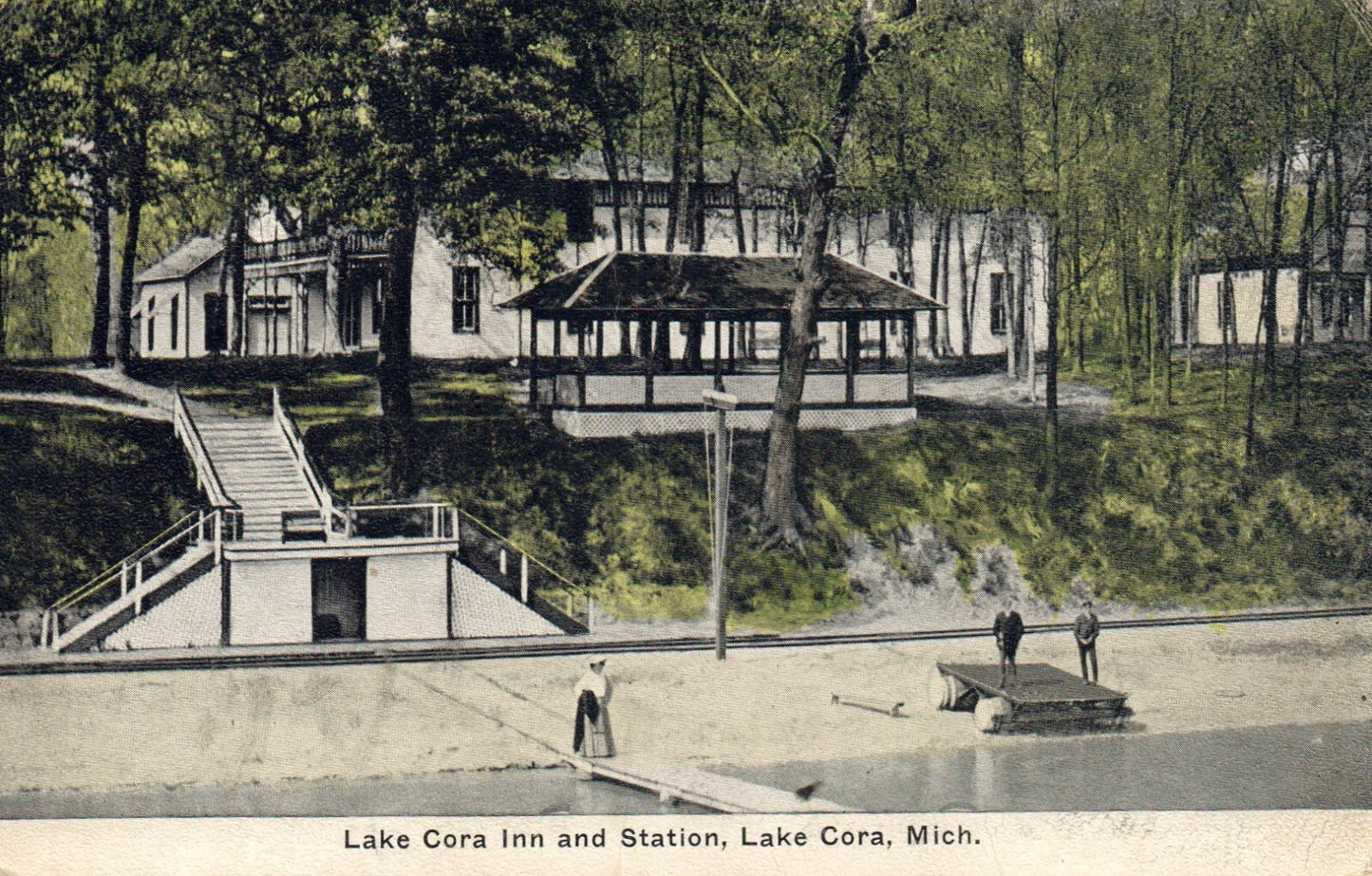 Lake Cora Inn and Station in Lake Cora Michigan MI Postcard