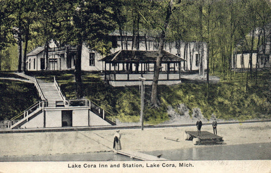 Lake Cora Inn and Station in Lake Cora Michigan MI Postcard