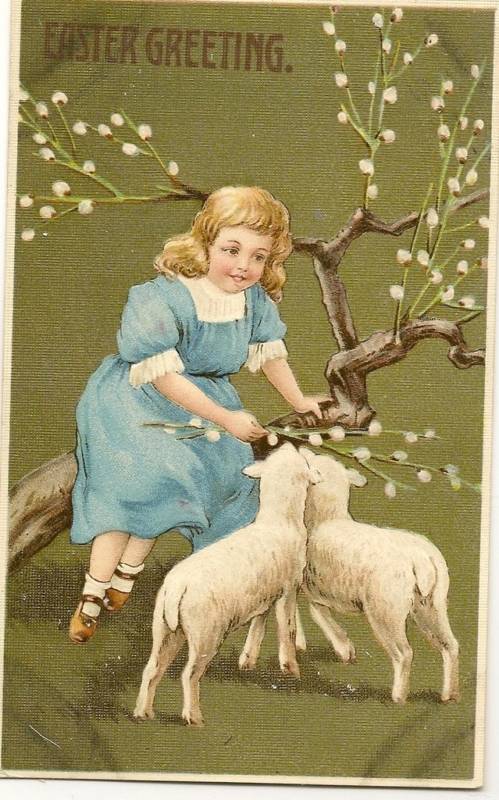 Easter girl with Lambs pussy willow Greeting Postcard