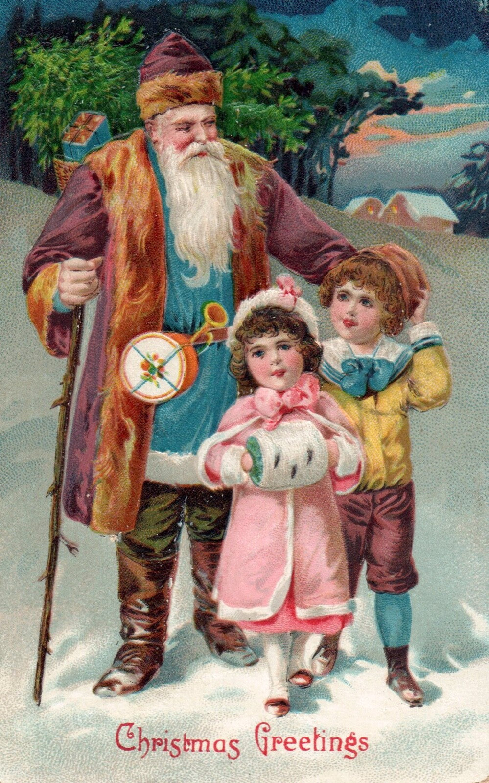 Christmas Greetings Santa w/ Children in Snow Vintage Santa Postcard