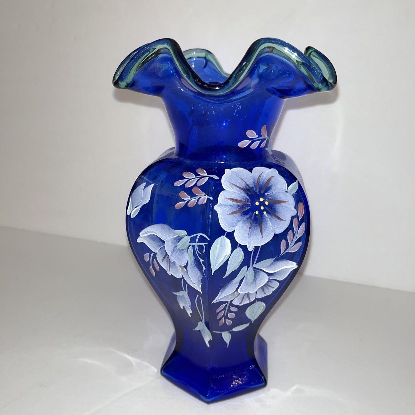 Fenton 75th Anniversary Vase Colbalt Blue Green Crest Hand Painted Signed