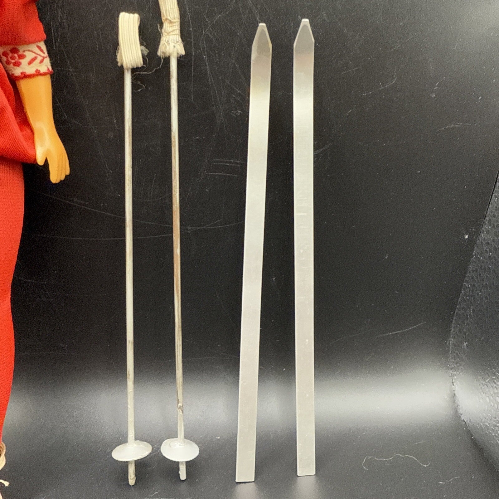 Vintage Doll red outfit stocking cap 12" Tall with Skis and polls