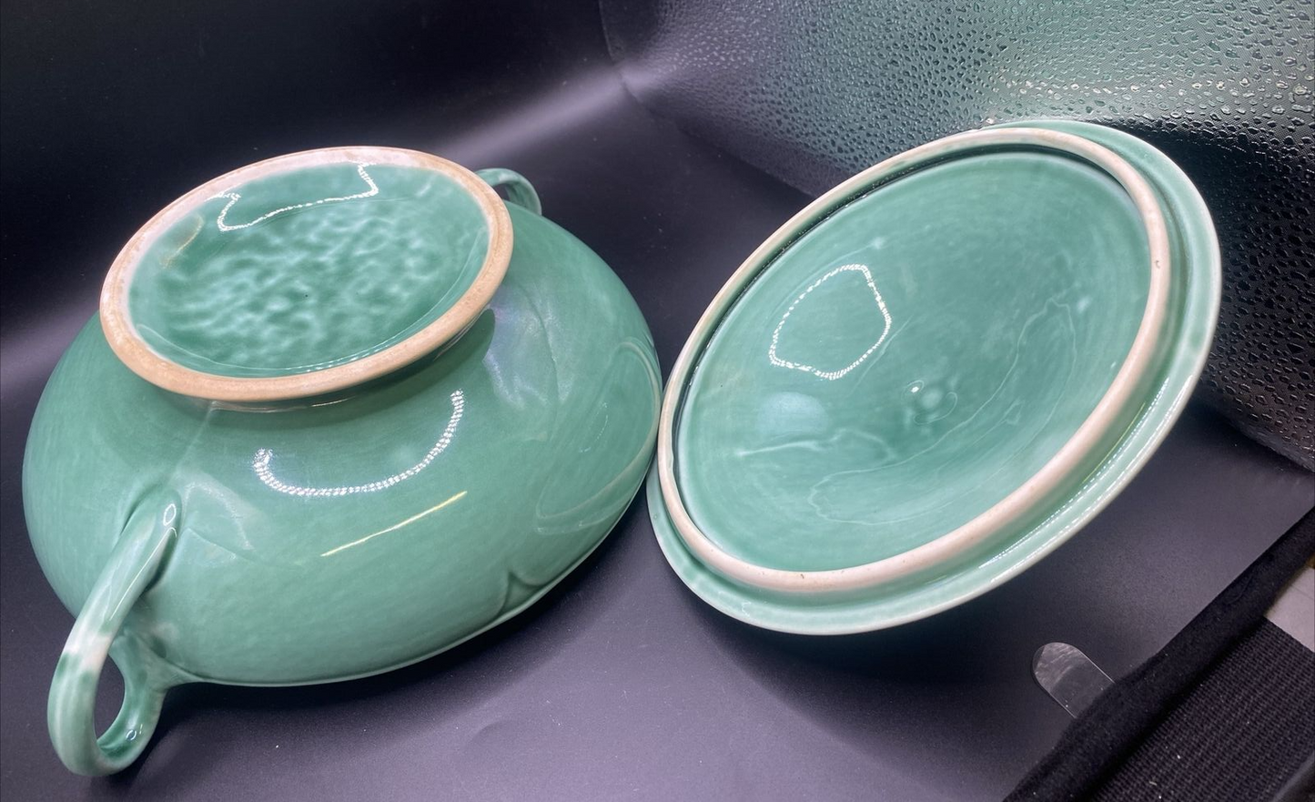 1930's Casserole W/ Lid Mount Clemens Petal Medium Green Round  8.25” Petalware