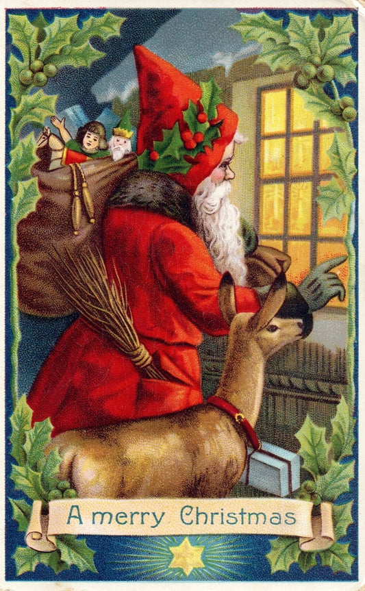 A Merry Christmas Santa & Reindeer Looking in Window with Toys Santa Postcard