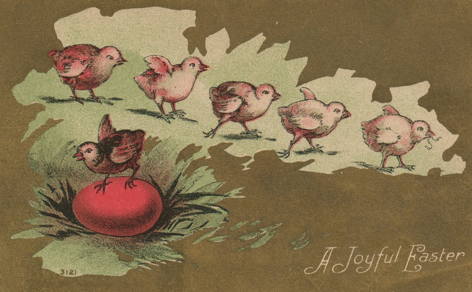 Gold Chicks and Chick Balancing On Egg Joyful Easter Postcard