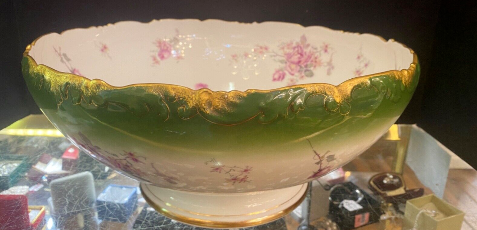 T & V Limoges  France 14" Punch Bowl Floral with green and gold