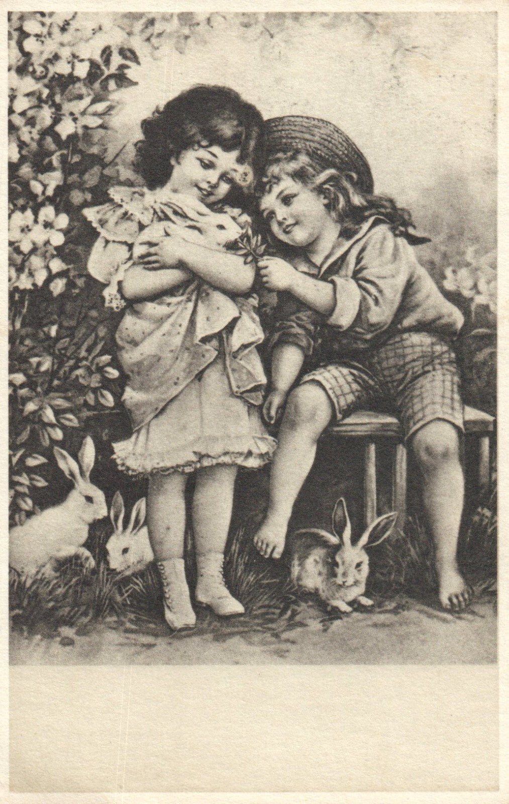 Girls with Bunny rabbits Children Italy Postcard
