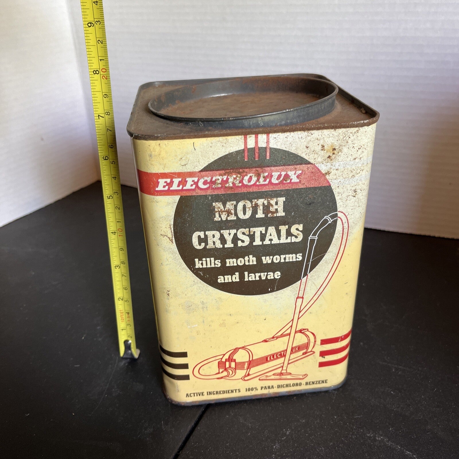 VINTAGE Country Store Tin Can Advertising Electrolux Moth Crystals 
