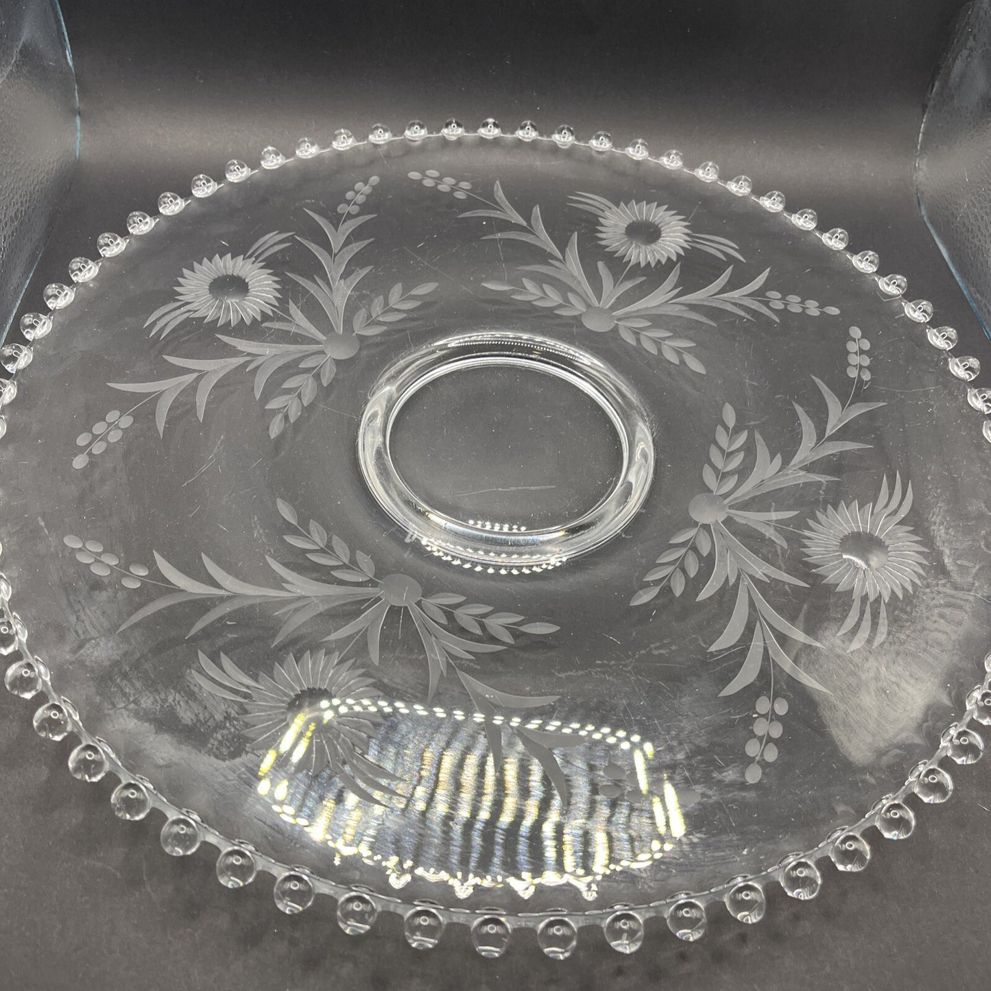 Vintage Crystal Etched Candlewick  Serving Platter Tray w Bowl, 14 In Flowers